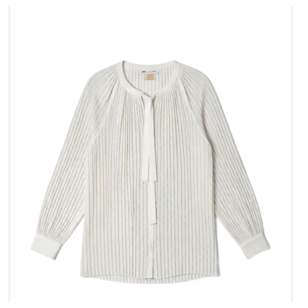 Midnight Velvet Ivory Pleated Tie Neck Long Sleeve Blouse Top Small - Picture 1 of 10